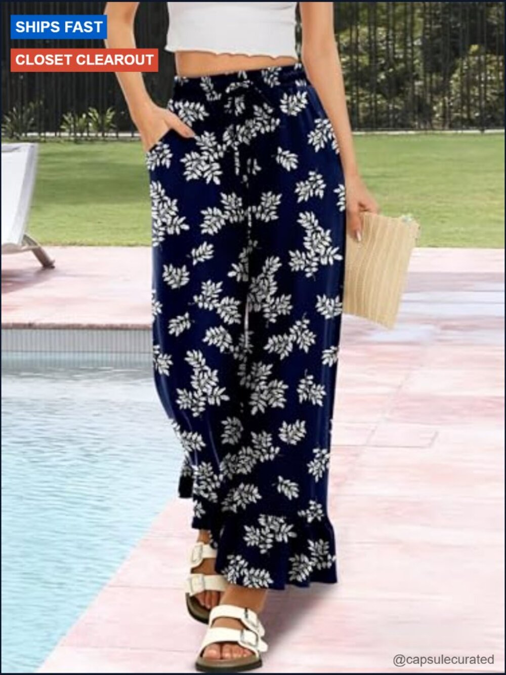 Wide Leg Palazzo Lounge Pants Drawstring Elastic High Waisted Ruffle Hem Pockets - Picture 4 of 5